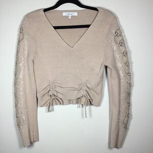 Blush pink taupe knit sweater with rhinestones and embroidery sleeve v neck XL